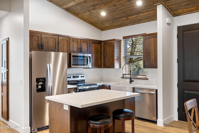 kitchen featuring appliances with stainless steel finishes, wooden ceiling, light countertops, and a sink