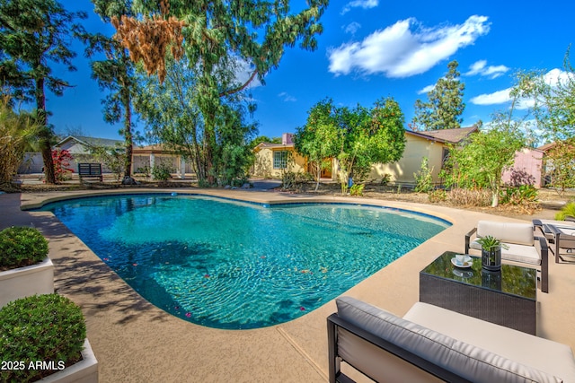 view of pool featuring a fenced in pool, a patio area, and an outdoor living space