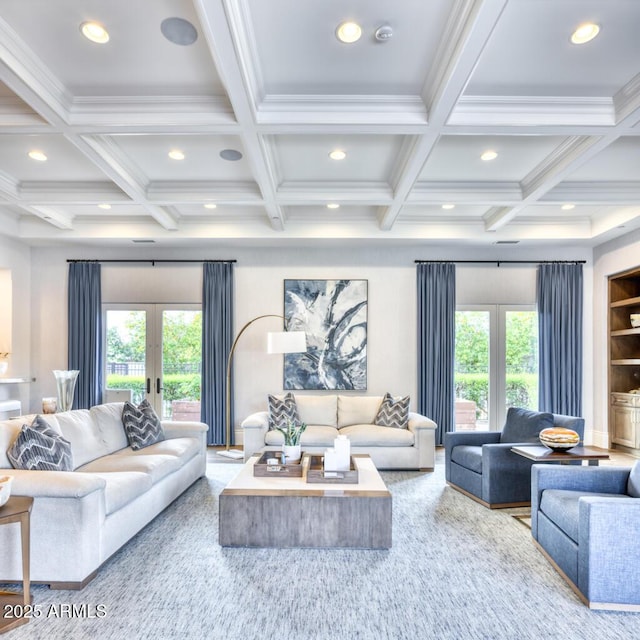 living room with french doors, recessed lighting, and coffered ceiling