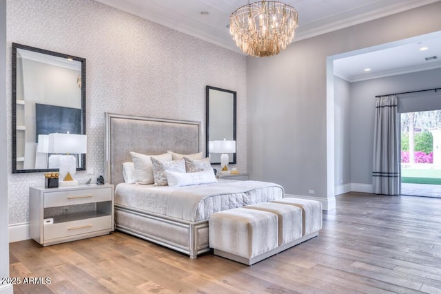 bedroom featuring an accent wall, crown molding, wallpapered walls, baseboards, and an inviting chandelier