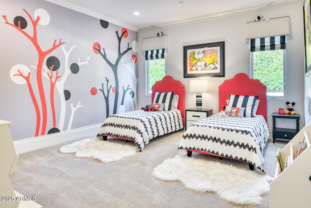 bedroom featuring multiple windows, recessed lighting, ornamental molding, and carpet floors