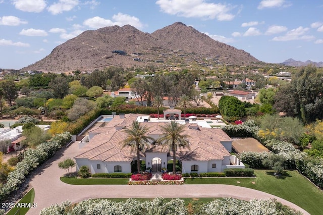 birds eye view of property with a mountain view