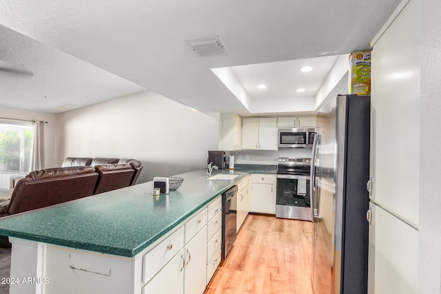 kitchen with light hardwood / wood-style floors, kitchen peninsula, sink, white cabinetry, and appliances with stainless steel finishes