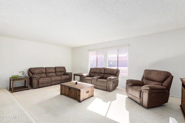 carpeted living room featuring a textured ceiling