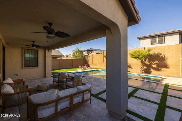 view of patio featuring a fenced in pool, an outdoor hangout area, and ceiling fan