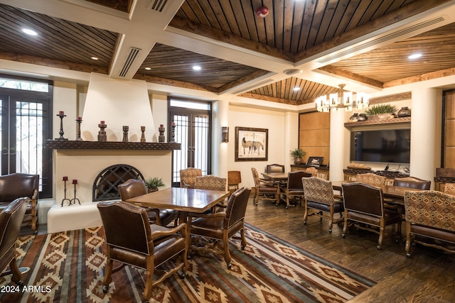 dining room featuring dark hardwood / wood-style floors, wooden ceiling, coffered ceiling, and beamed ceiling