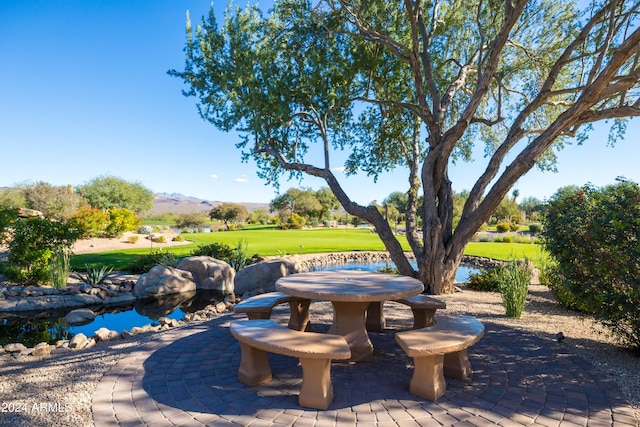 view of patio with a mountain view