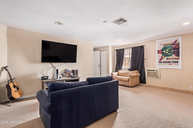 carpeted living room featuring a wall mounted air conditioner