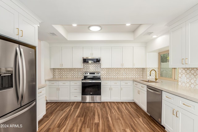 kitchen featuring sink, a raised ceiling, white cabinets, and appliances with stainless steel finishes