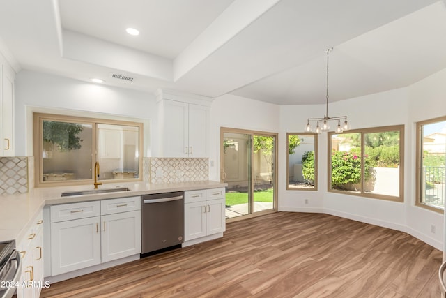 kitchen featuring sink, backsplash, white cabinets, and dishwasher