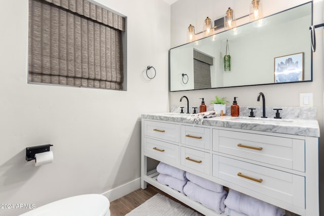 bathroom featuring vanity, wood-type flooring, and toilet