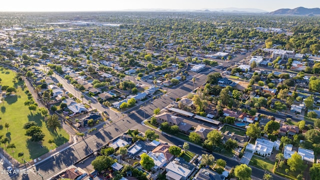 drone / aerial view featuring a mountain view