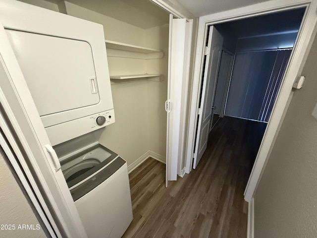 3434 W Danbury Dr Unit A206, Phoenix, AZ 85053 - laundry room with estacked washer and dryer and dark wood finished floors