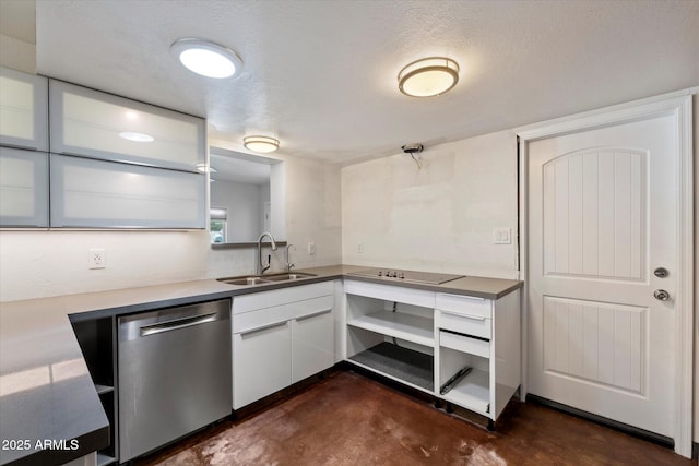 3814 E Poinsettia Dr, Phoenix, AZ 85028 - kitchen with stainless steel dishwasher, a sink, finished concrete flooring, and white cabinetry