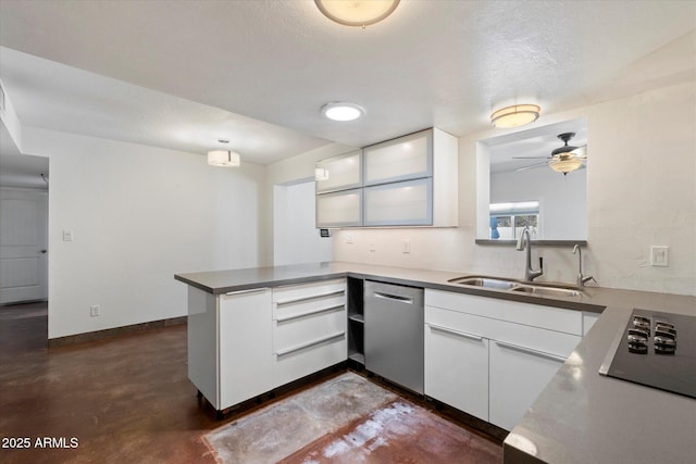 3814 E Poinsettia Dr, Phoenix, AZ 85028 - kitchen with stainless steel dishwasher, a sink, a peninsula, black electric cooktop, and finished concrete flooring
