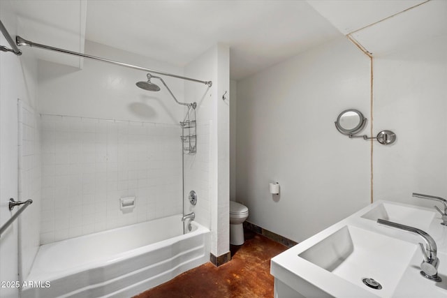 3814 E Poinsettia Dr, Phoenix, AZ 85028 - full bathroom featuring toilet, shower / bathtub combination, concrete flooring, double vanity, and baseboards