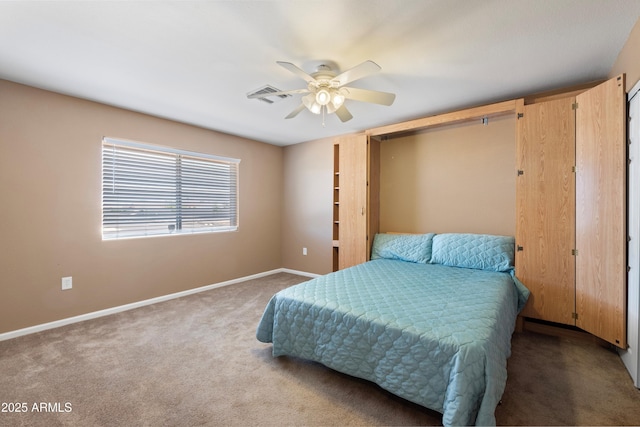 bedroom with a ceiling fan, carpet, visible vents, and baseboards