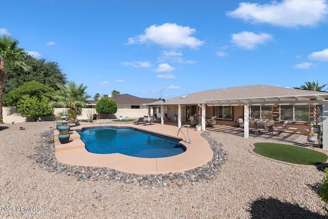 view of pool featuring a fenced backyard, a fenced in pool, and a patio