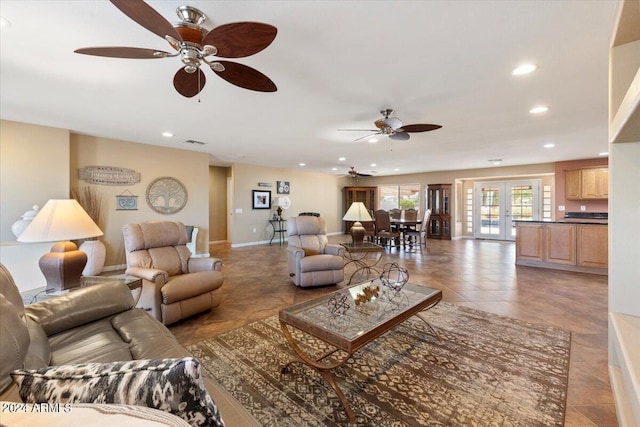 tiled living area featuring recessed lighting, french doors, visible vents, and baseboards