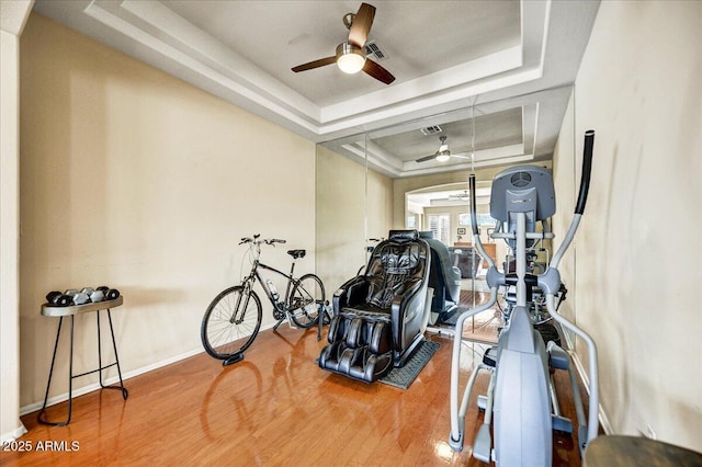 34014 N 43rd St, Cave Creek, AZ 85331 - workout area with a raised ceiling, a ceiling fan, and wood finished floors