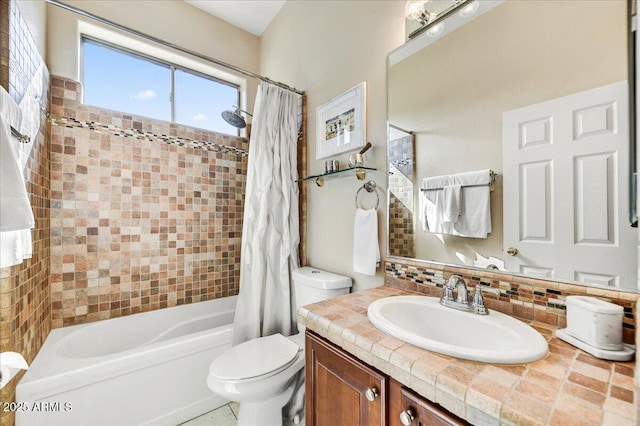 34014 N 43rd St, Cave Creek, AZ 85331 - bathroom with vanity, shower / bathtub combination with curtain, and tasteful backsplash