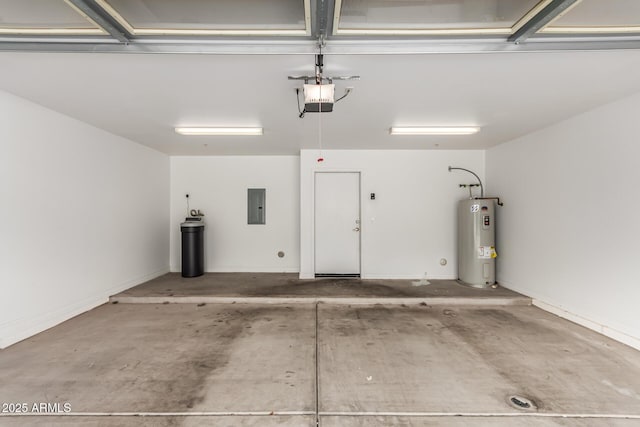 garage with electric panel, water heater, and a garage door opener