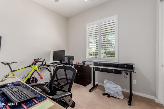 office with light carpet, ceiling fan, and baseboards