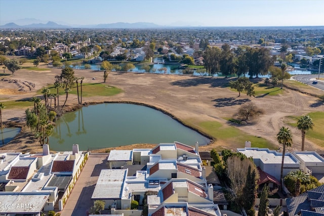 bird's eye view featuring a water and mountain view