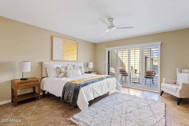 bedroom with access to outside, tile patterned floors, and ceiling fan