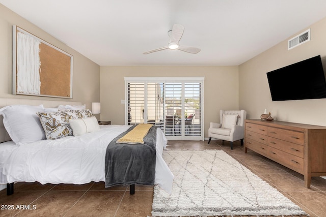 bedroom featuring ceiling fan and tile patterned floors