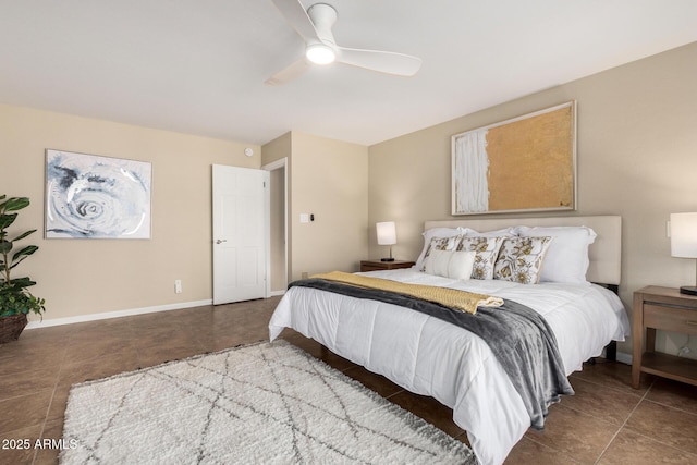 tiled bedroom with ceiling fan