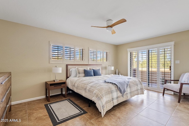 bedroom with ceiling fan, access to exterior, and light tile patterned floors