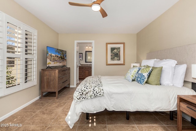 bedroom featuring ceiling fan and ensuite bathroom