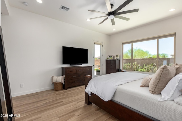 6356 S Granite St, Gilbert, AZ 85298 - bedroom featuring access to exterior, light wood-style flooring, recessed lighting, baseboards, and ceiling fan