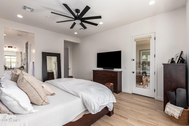 6356 S Granite St, Gilbert, AZ 85298 - bedroom featuring light wood-type flooring, recessed lighting, connected bathroom, baseboards, and a ceiling fan