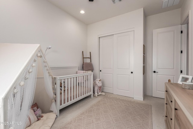 6356 S Granite St, Gilbert, AZ 85298 - bedroom featuring a closet, light colored carpet, recessed lighting, and a crib