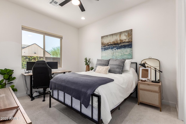 6356 S Granite St, Gilbert, AZ 85298 - bedroom with light carpet, an office area, baseboards, recessed lighting, and ceiling fan