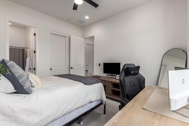 6356 S Granite St, Gilbert, AZ 85298 - bedroom with a desk, a closet, carpet floors, a ceiling fan, and recessed lighting