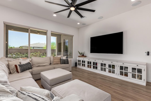 6356 S Granite St, Gilbert, AZ 85298 - living room featuring a ceiling fan, wood finished floors, recessed lighting, and baseboards