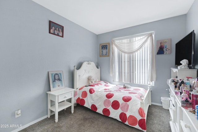 bedroom with dark carpet