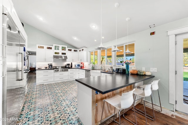 kitchen with stainless steel appliances, dark countertops, under cabinet range hood, and a peninsula