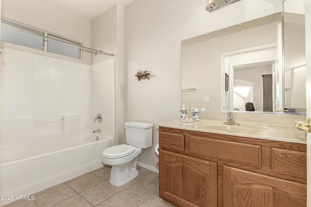 full bathroom with toilet, vanity, tile patterned floors, and tub / shower combination