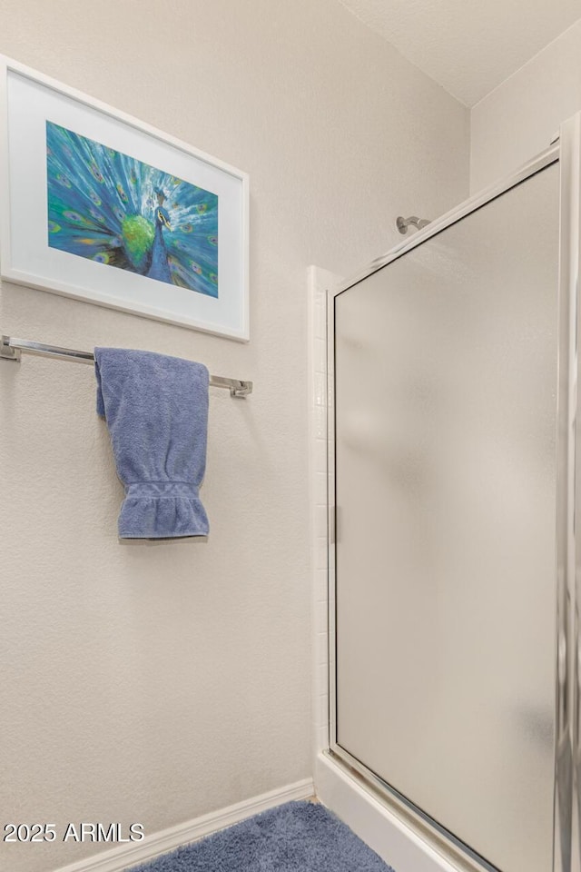 bathroom featuring a shower with shower door