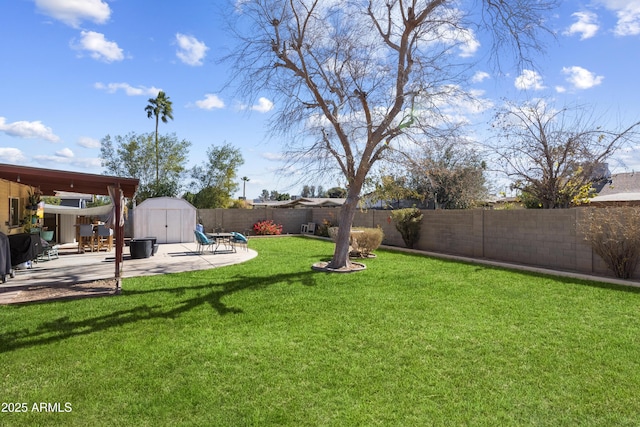 view of yard featuring a shed and a patio area