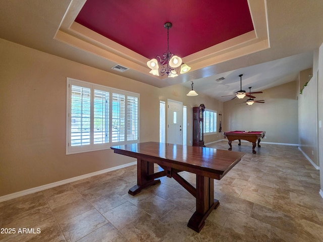 game room with visible vents, baseboards, a tray ceiling, billiards, and stone finish flooring