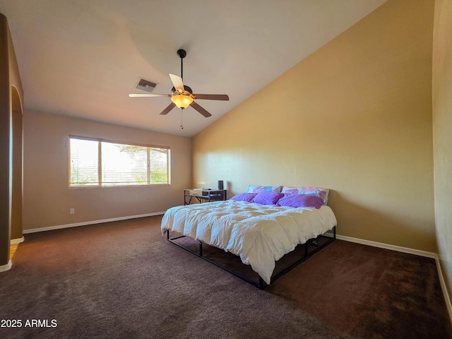 carpeted bedroom featuring visible vents, baseboards, ceiling fan, and lofted ceiling