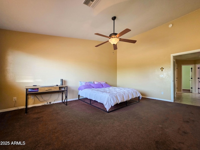 carpeted bedroom featuring baseboards, visible vents, ceiling fan, and lofted ceiling