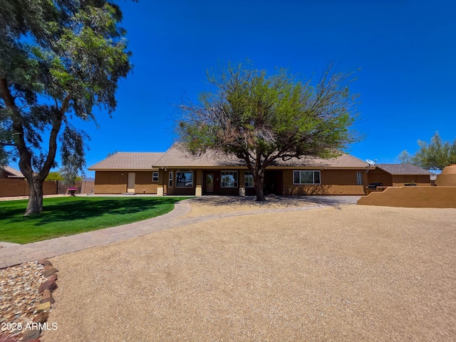 ranch-style house featuring fence, a front yard, and stucco siding