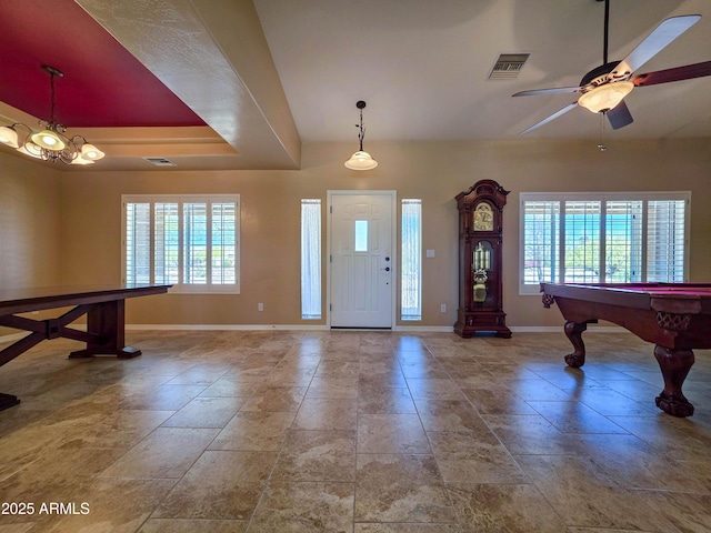 entrance foyer with baseboards, ceiling fan, pool table, and visible vents