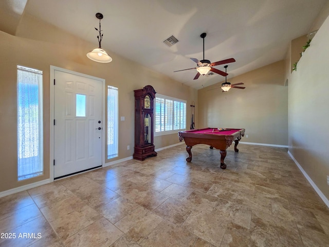 rec room with baseboards, visible vents, billiards, and lofted ceiling